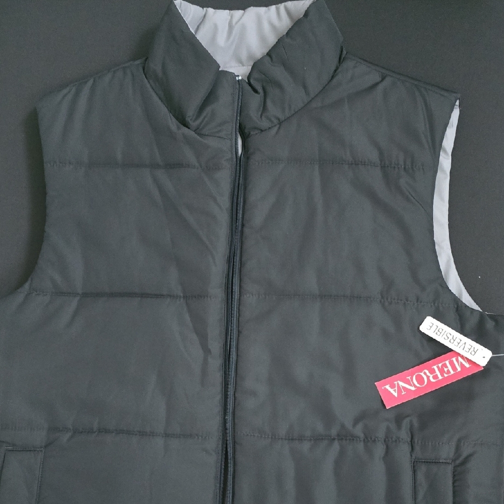 Men's Merona Black & Gray Reversible Quilted Puffer Vest with High Collar